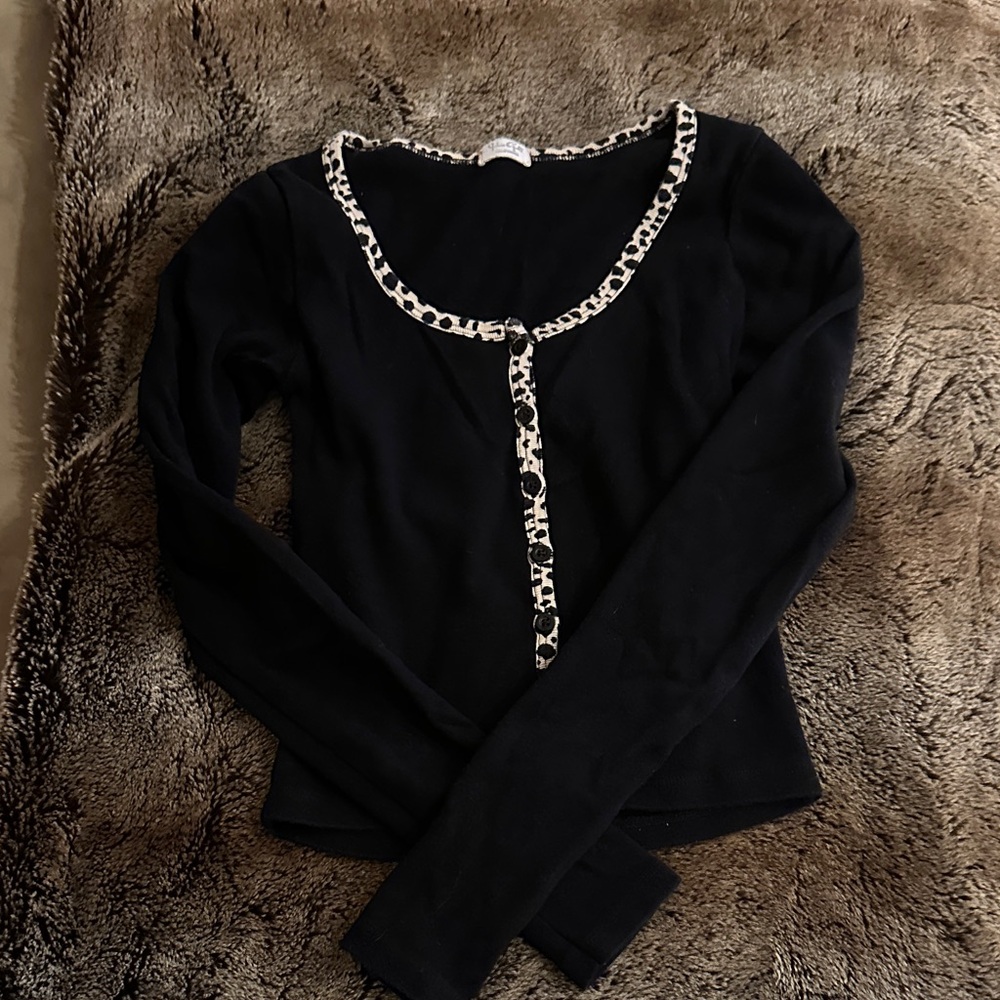 Brandy Melville Black Long Sleeve with Animal Print Trim